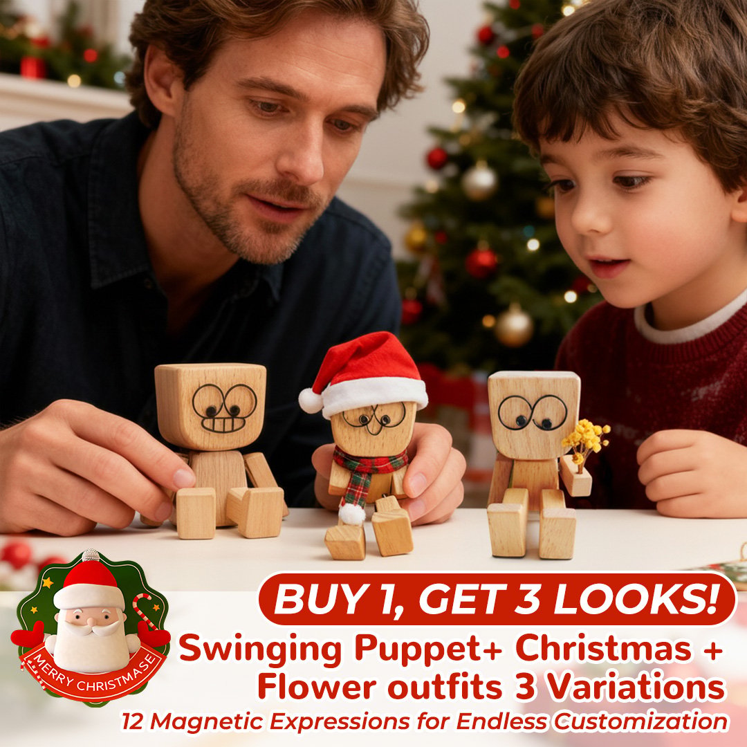 🔥Charming Little Swaying Wooden Figure & 12PCS Magnetic Expressions